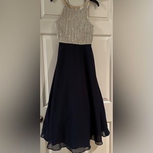 Long, rhinestone top and navy blue chiffon dress!